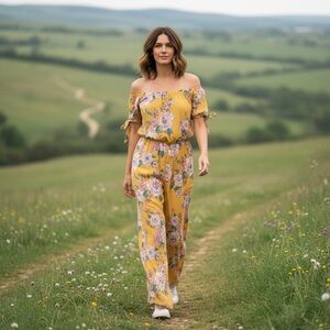 Band of Gypsies Floral Jumpsuit Boho Yellow Pink Wide Leg Tie Sleeve Size Small